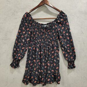 Wild Fable Mini Dress Women Size Small Floral Ruffle Smocked Peasant Long Sleeve